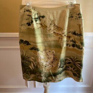 Silkland Unique 70% Silk 30% Linen Skirt Size 8 Printed With Palms and Leopards
